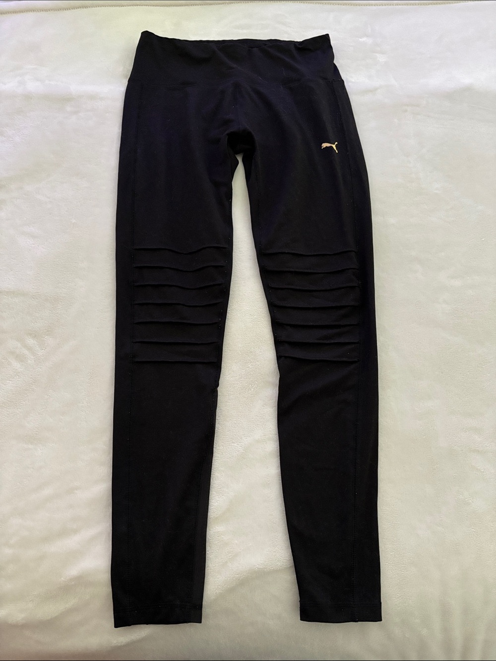 Puma Black Kids Leggings with Ribbed Knee Panels and Gold Logo